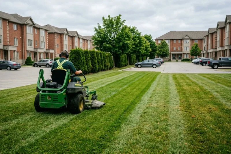AWPM operator mowing the lawns of a brick condominium townhouse complex