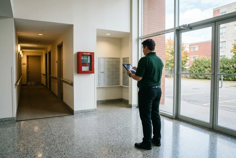 AWPM property manager reviewing a building inspection on a tablet in a condominium lobby