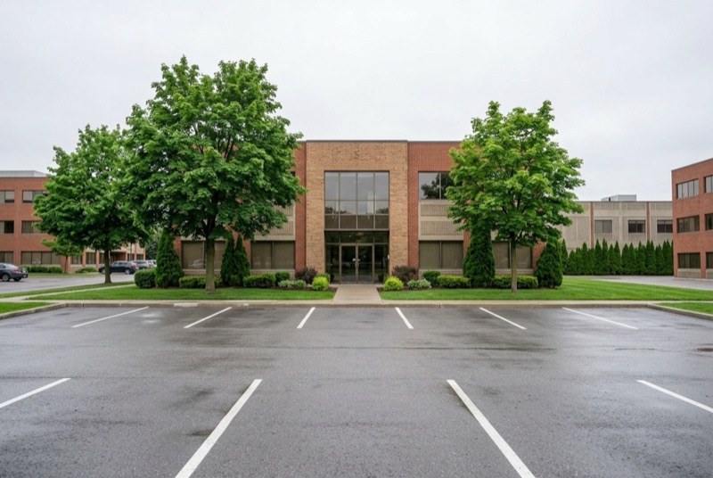 Suburban red brick commercial office building maintained by AWPM