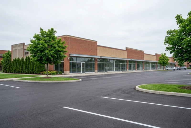 Suburban retail plaza with a clean line-painted parking lot
