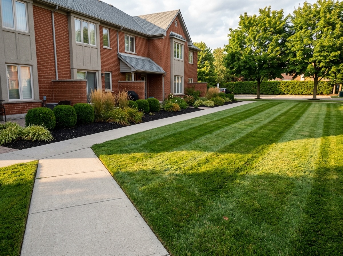 Freshly cut and edged lawn beside a brick townhouse condominium building maintained by AWPM