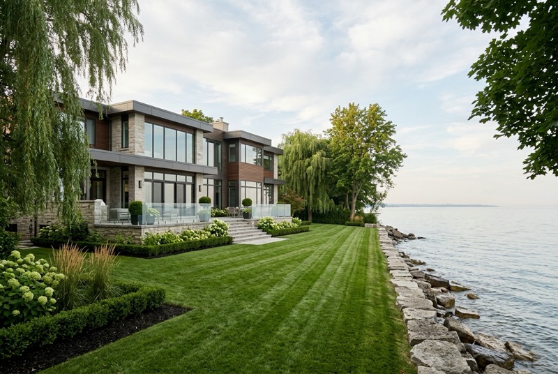 Lakefront home on the Lake Ontario shoreline with a striped lawn to the water