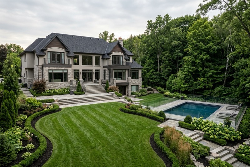 Large Etobicoke property backing onto a wooded ravine with stone patio and pool