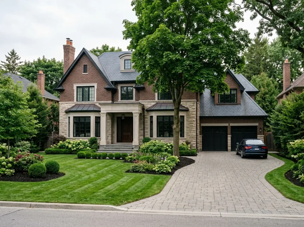 Luxury detached home in Etobicoke with manicured lawn and gardens maintained by AWPM
