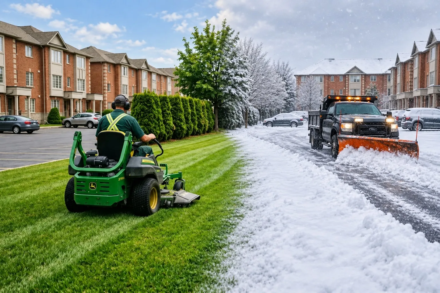 A townhouse complex maintained year-round in one continuous view: an AWPM crew member mowing striped green lawn on one side, a plow truck clearing the snow-covered roadway on the other.